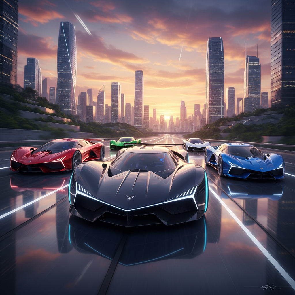 alt_text Five futuristic supercars race at sunset on a sleek highway with a vibrant city skyline backdrop.