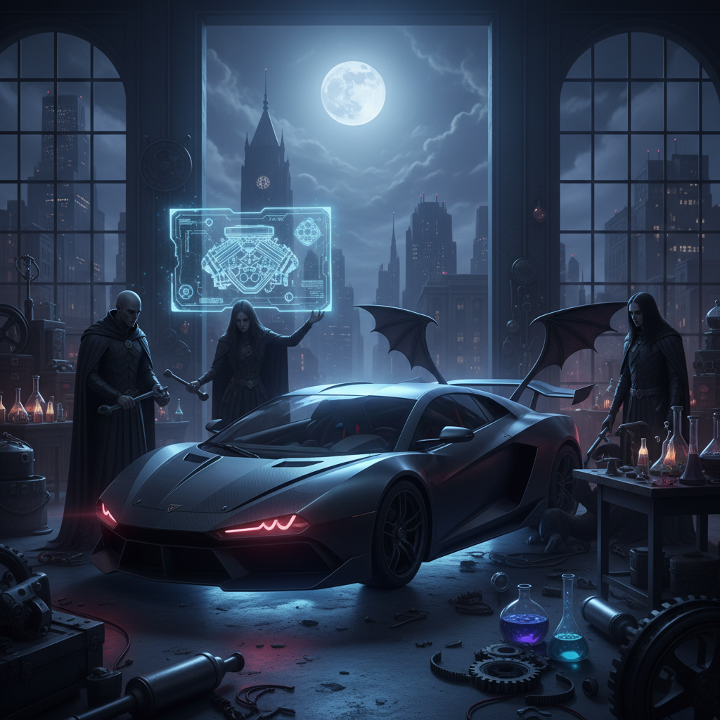 alt_text Gothic mechanics work on a vampire-themed car in a dark, moody garage under a full moon.