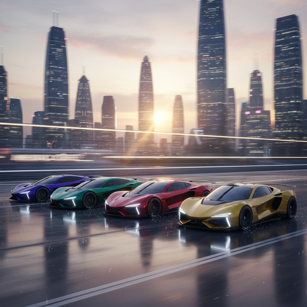 alt_text Five futuristic supercars lined up on a high-tech track at sunset, highlighting sleek designs.