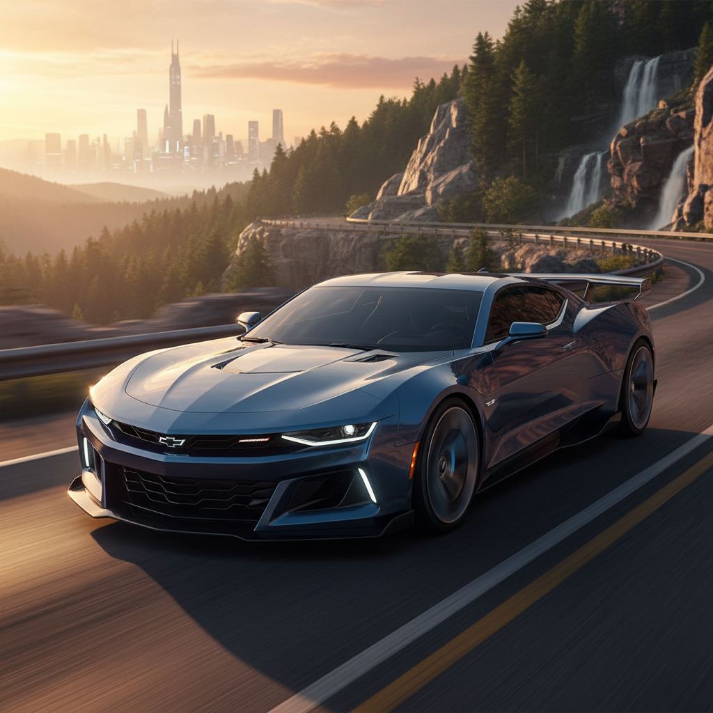 alt_text Futuristic sports car on winding mountain road at sunset, blending sleek design with nature and cityscape.