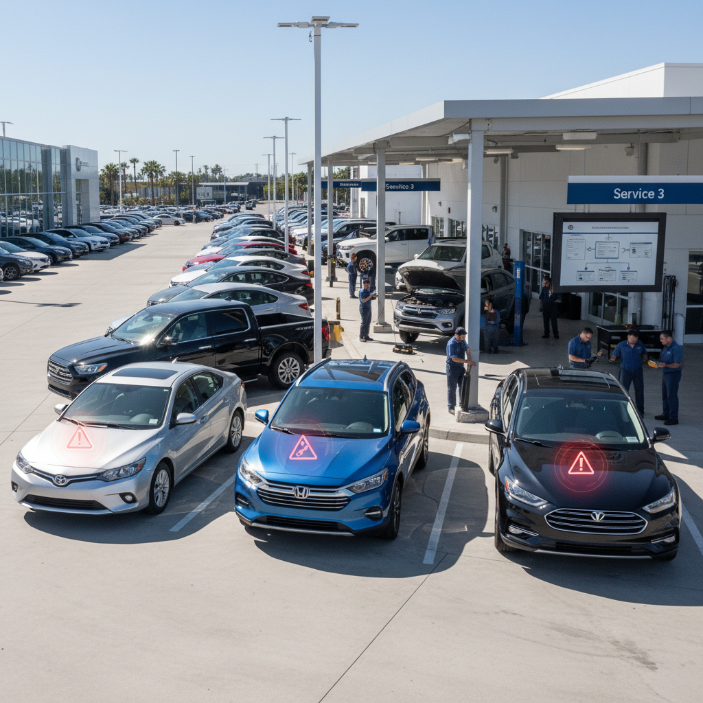 alt_text Busy car dealership showing diverse vehicles with subtle red recall warnings and an inspection team.