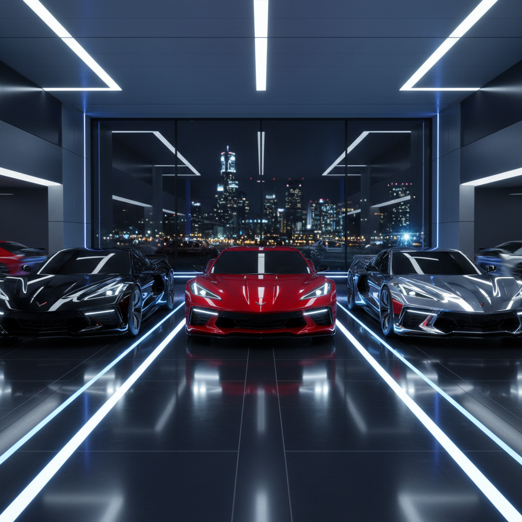 alt_text Three futuristic 2026 Corvette sports cars displayed in a sleek, high-tech showroom with neon accents.