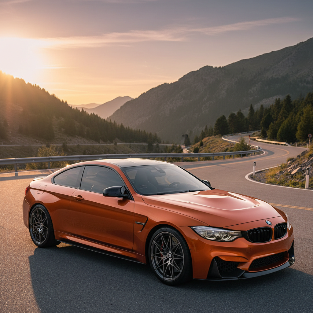 alt_text BMW sports car with CS badge parked on a mountain road at golden hour, highlighting luxury and design.