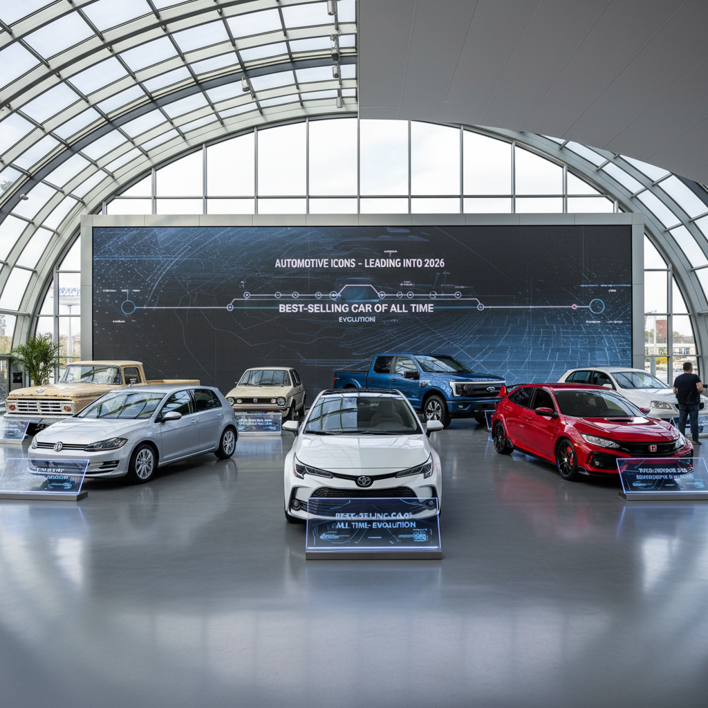 alt_text Showroom displaying iconic best-selling cars like Corolla, F-Series, Golf, and Civic in a bright, modern setting.