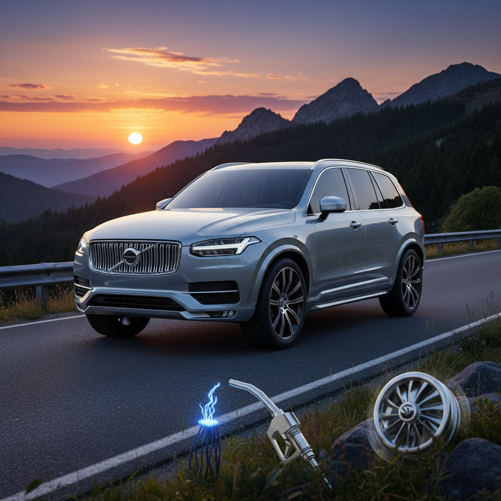 alt_text Volvo XC90 SUV showcased at sunset on a mountain road with symbols of advanced engines.